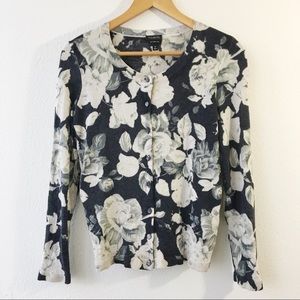 Talbots Floral Charming Cardigan Merino Wool Gray